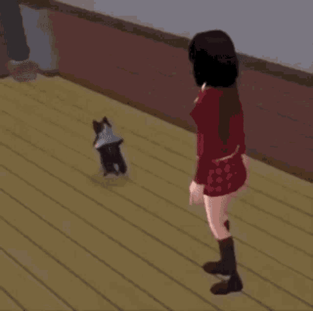 3D graphic cat breakdancing in front of a girl